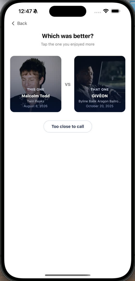 The compare screen asking which of two shows was better