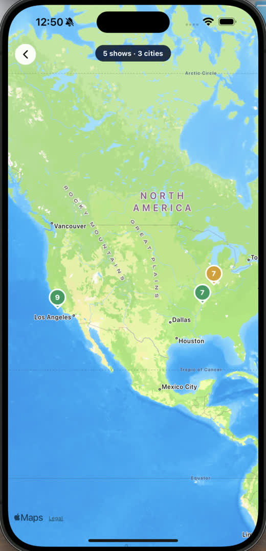 A map of North America with pins on the cities where shows were seen