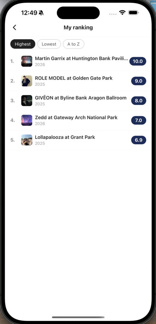 The My ranking screen listing concerts from 10.0 down to 6.9