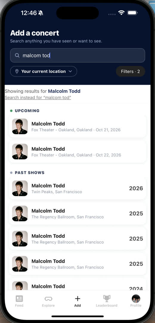 The add screen, searching for an artist with upcoming and past shows listed