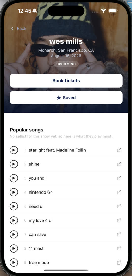 A show page with Book tickets, a save button and the artist&rsquo;s most played songs