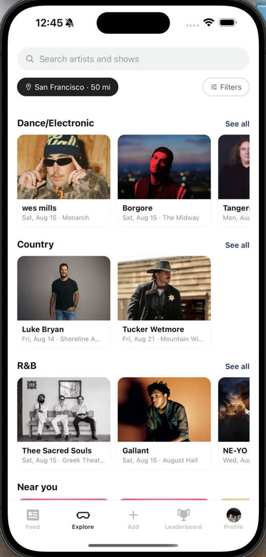 The explore screen browsing upcoming shows by genre near San Francisco