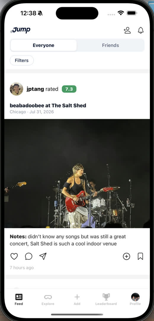 The Jump feed, showing a friend&rsquo;s rated show with a photo and notes